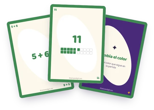 Cartas de suma de Matemágicas: cuenta, resultado con cuadro de diez y carta de acción